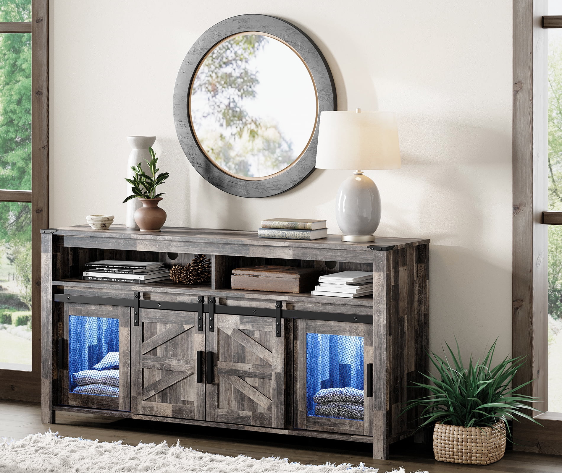 Farmhouse Barn Door TV Stand with Blue LED Lights Strips for TVs up to 65", Rustic Brown Entertainment Center with Adjustable Shelf for Living Room, Bedroom