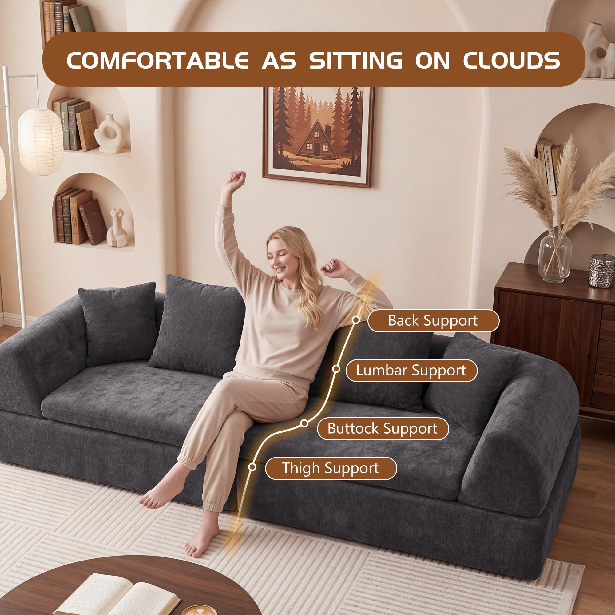 Leumius Cloud Sectional Sofa,3 Seater Boneless Couch with Deep Seat,Modern Sofa with 5 Pillows for Living Room Bedroom,No Assembly,Gray