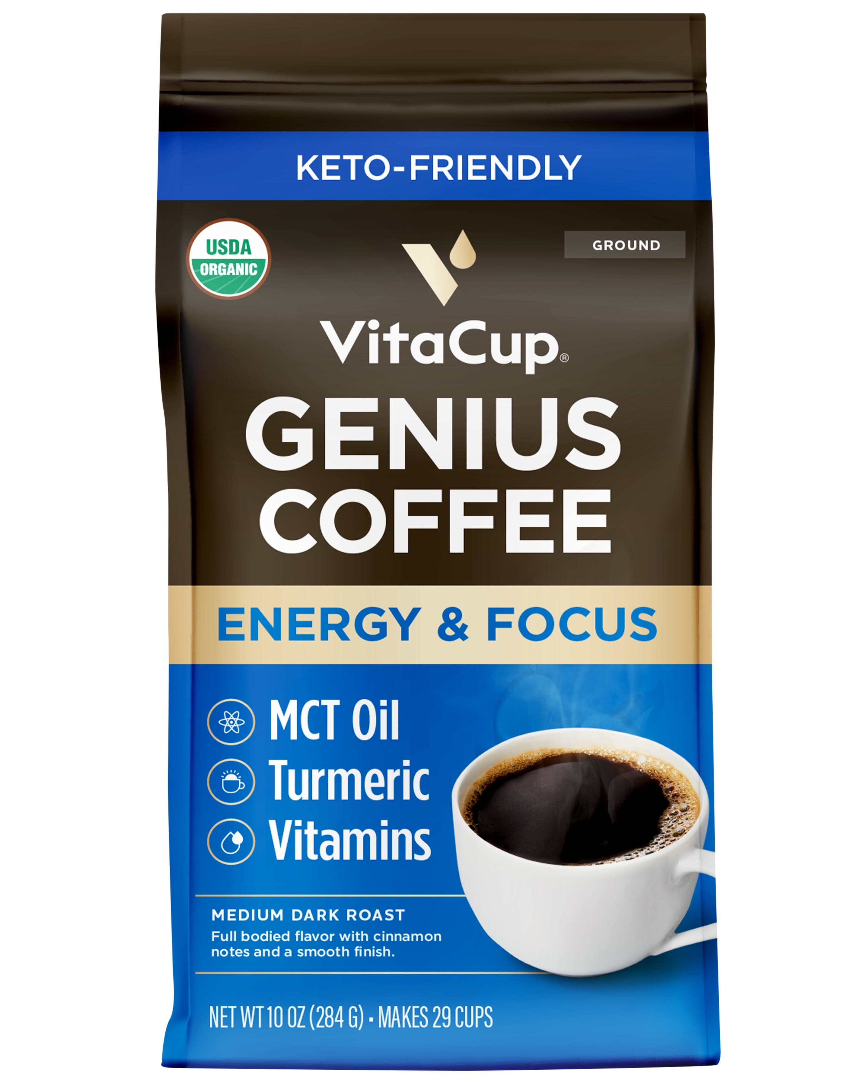 Organic Fair Trade Genius Keto Ground Coffee by VitaCup with MCT Oil, Turmeric, & B & D Vitamins for Energy & Focus, Drip Coffee Brewers and French Press,10 Ounces