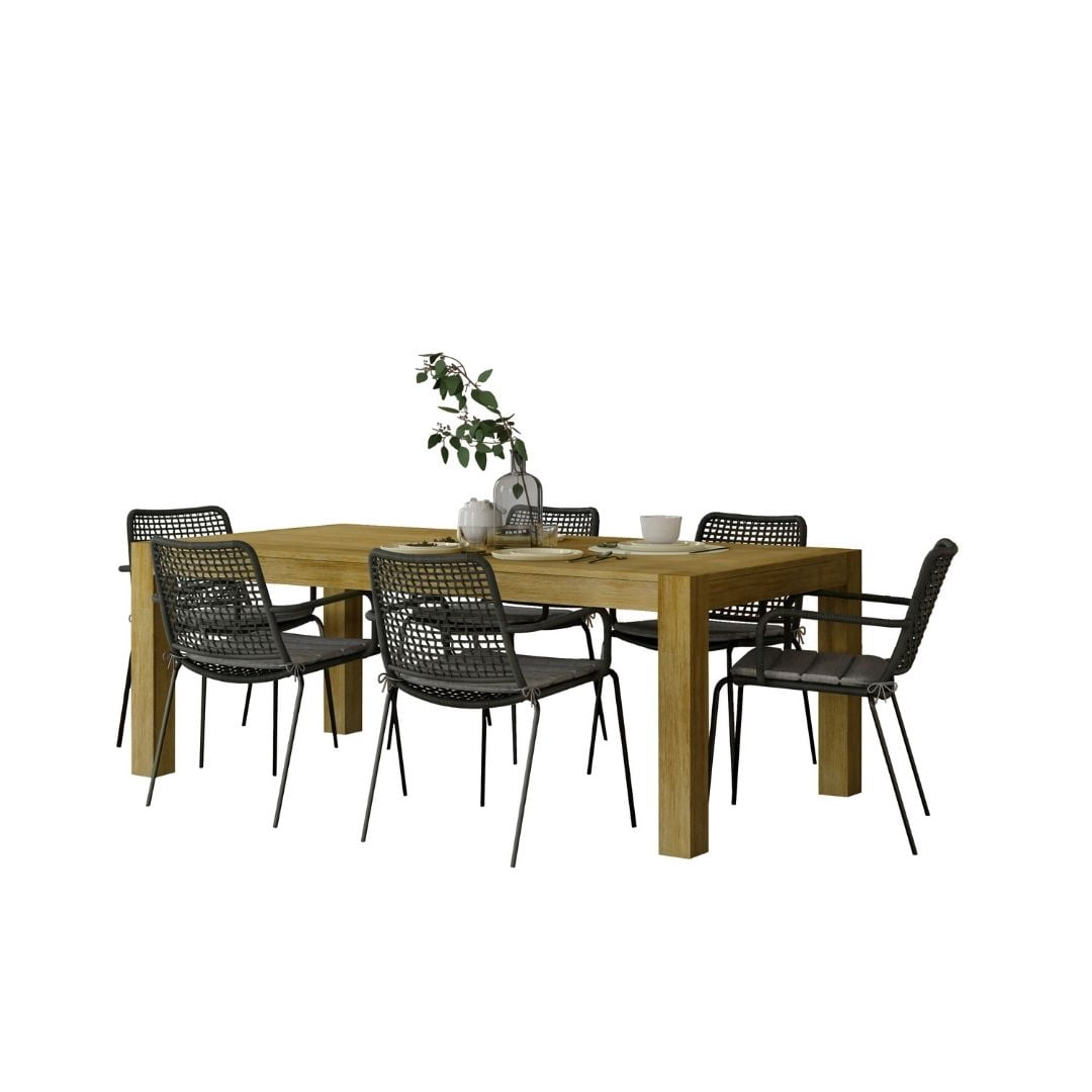 Midtown Concept Agata 7-Piece Patio Rectangular Table Set, Eucalyptus Wood, Ideal for Indoors, Black with Gray Cushions