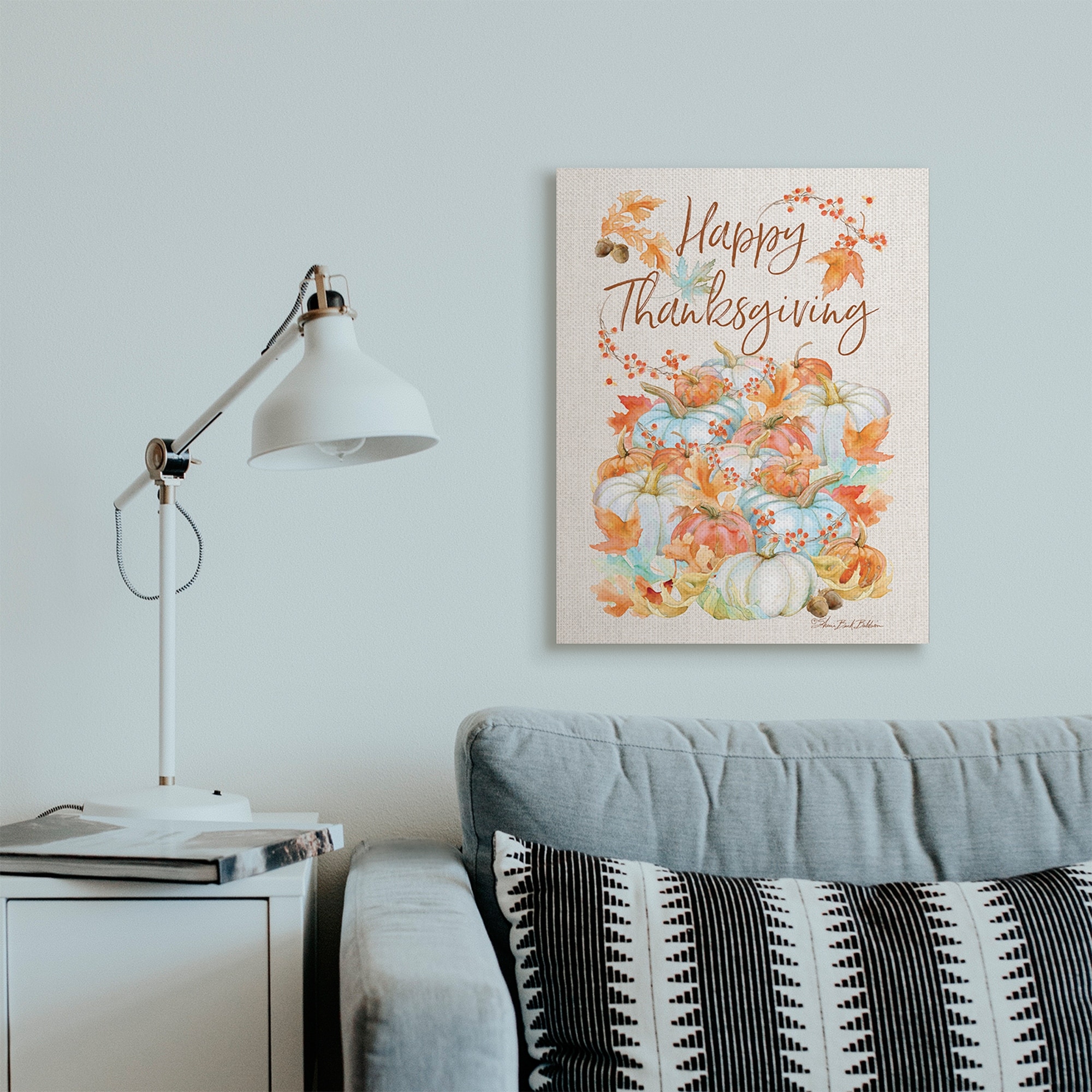 Stupell Industries Happy Thanksgiving Phrase White Autumn Pumpkins Holiday Painting Gallery Wrapped Canvas Art Print Wall Art, 24 x 30