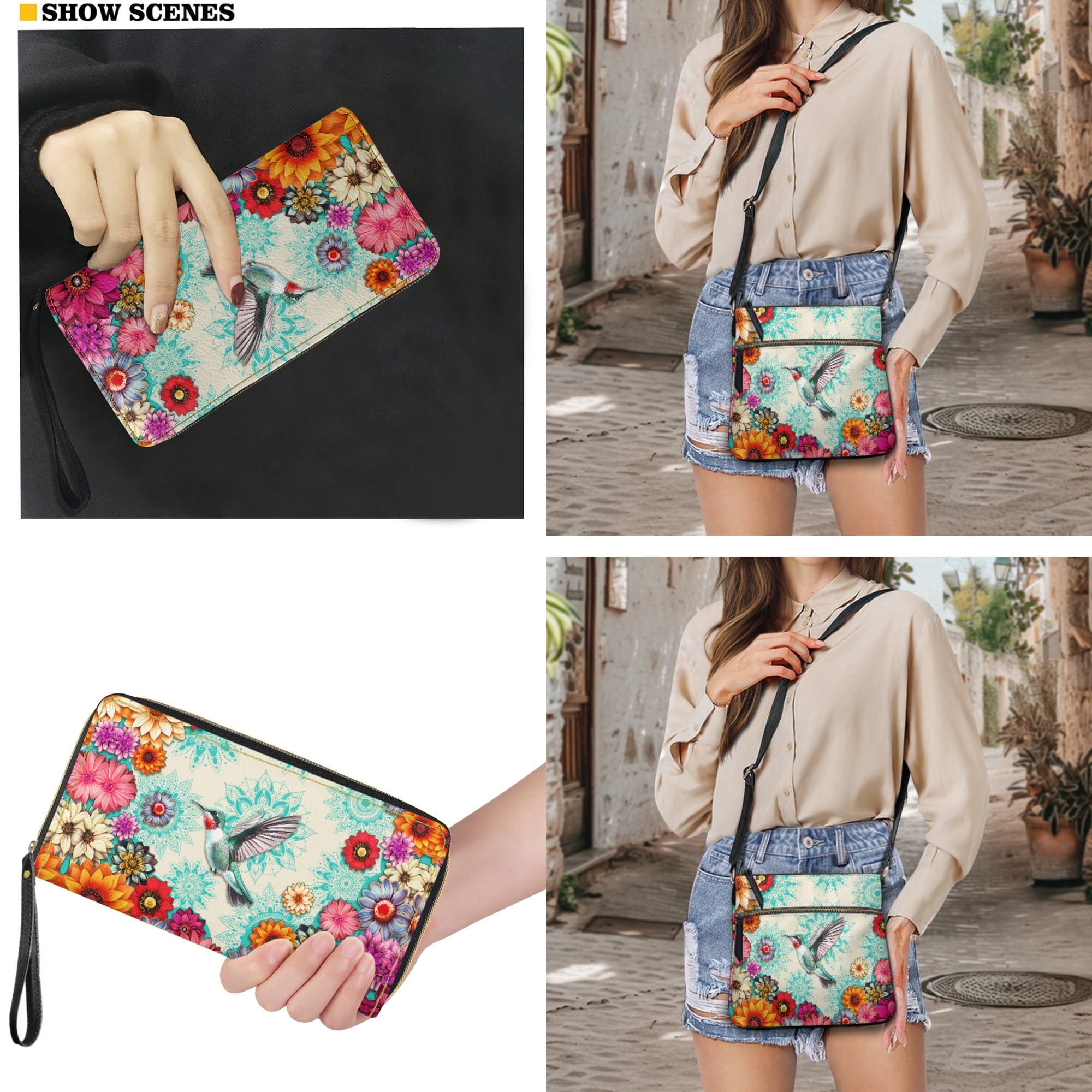 ZUXONGSY Boho Mandala Hummingbird Print Women's Multi-Pocket PU Leather Crossbody Hobo Purse & Wallet Set, Adjustable Strap, Ideal for Travel & Casual Outings