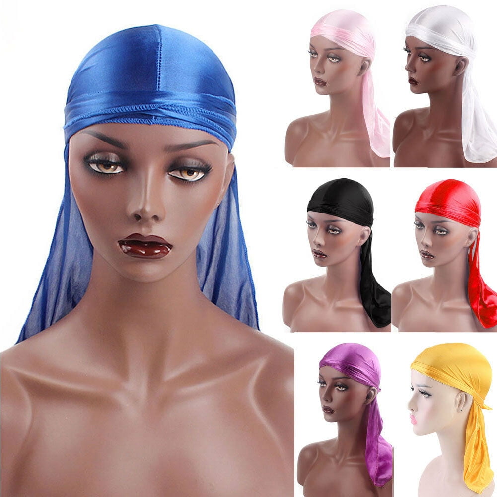 Unisex Durag Headwear Headband Pirate Cap Hat Smooth Silk Nylon Hat Solid Color