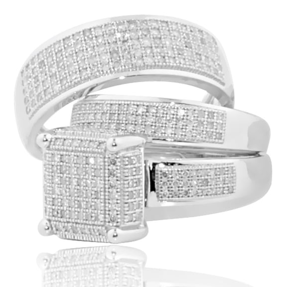 Midwest Jewellery 10K White Gold Wedding Trio Rings Set Extra Wide 1.00ctw Diamond Square top(i2/i3, i/j)