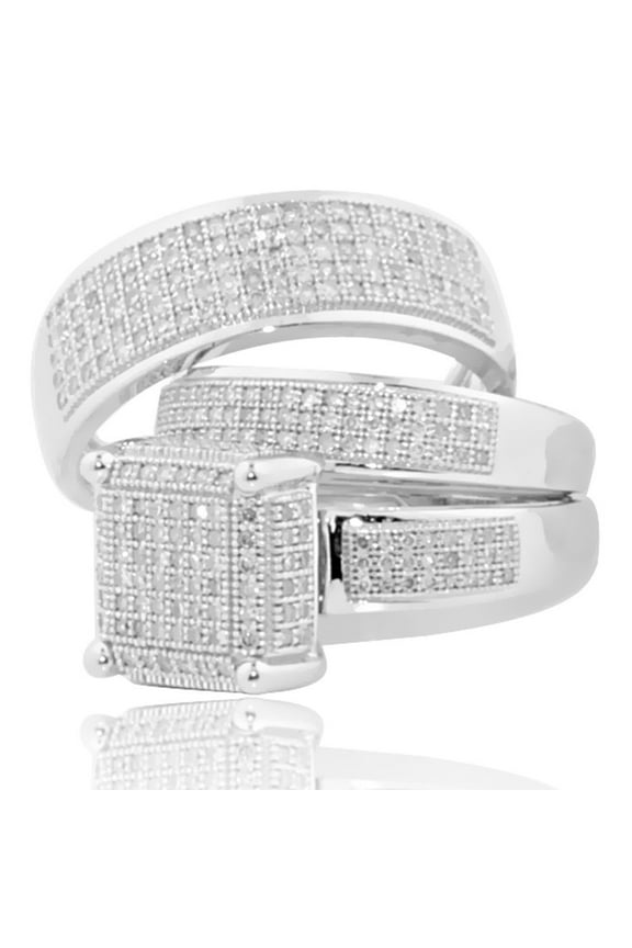 10K White Gold Wedding Trio Rings Set Extra Wide 1.00ctw Diamond Square top(i2/i3, i/j)