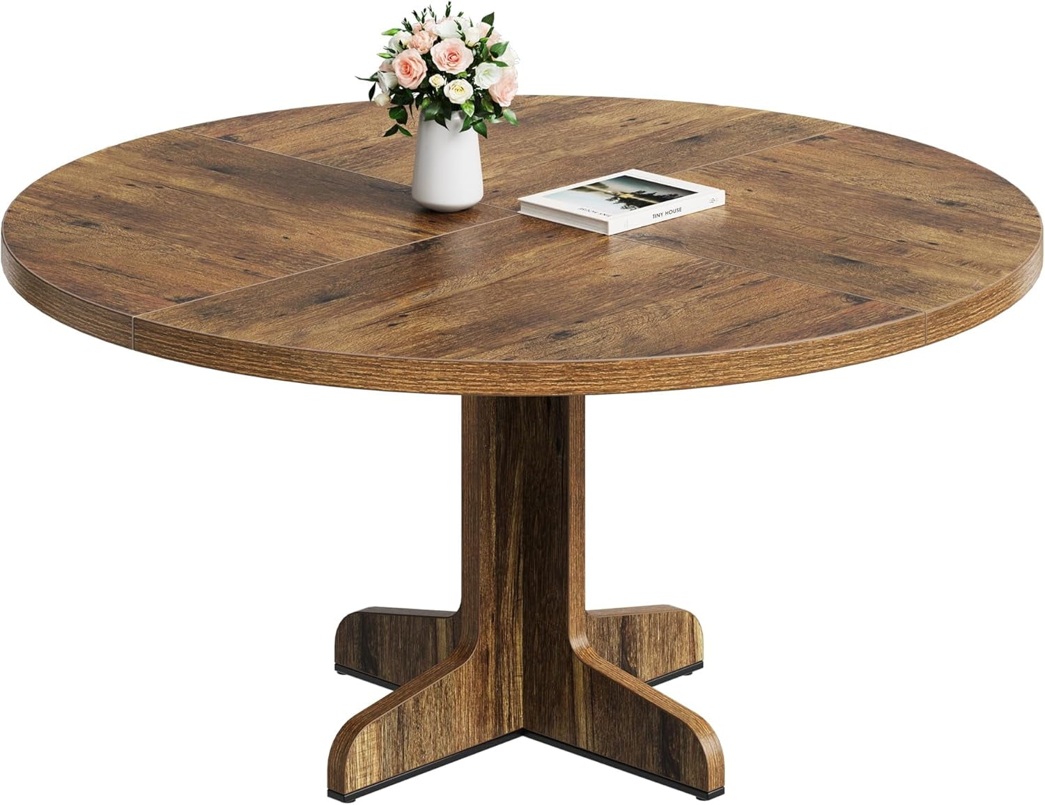 GAOMON 47 inch Round Dining Table for 4-6 People, Farmhouse Circle Kitchen Table with Wooden Table Top and Legs, Dinner Table for Dining Room Living Room, Brown (Only Table)