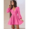thumbnail image 2 of Mini Deep V Long Sleeve Dress for Women A-Line High Waisted Casual Flowy Dress for Cocktail Wedding Guest Rose Red S, 2 of 7