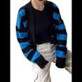 thumbnail image 3 of Suéter de Rayas con Bloques de Color para Mujer, Cárdigan de Larga con Botones y Cuello en V, Prenda de Punto de Moda. Azul Pavo Real M, 3 of 10