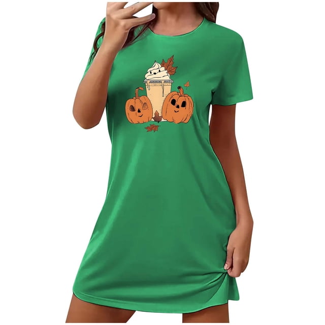 Tnhcen Robe de Nuit Grande Taille Halloween Imprimé Drôle de Dessin Animé Manches Courtes Col Rond Longueur Courte Polyester Spandex P-2TG pour Chaque Corps