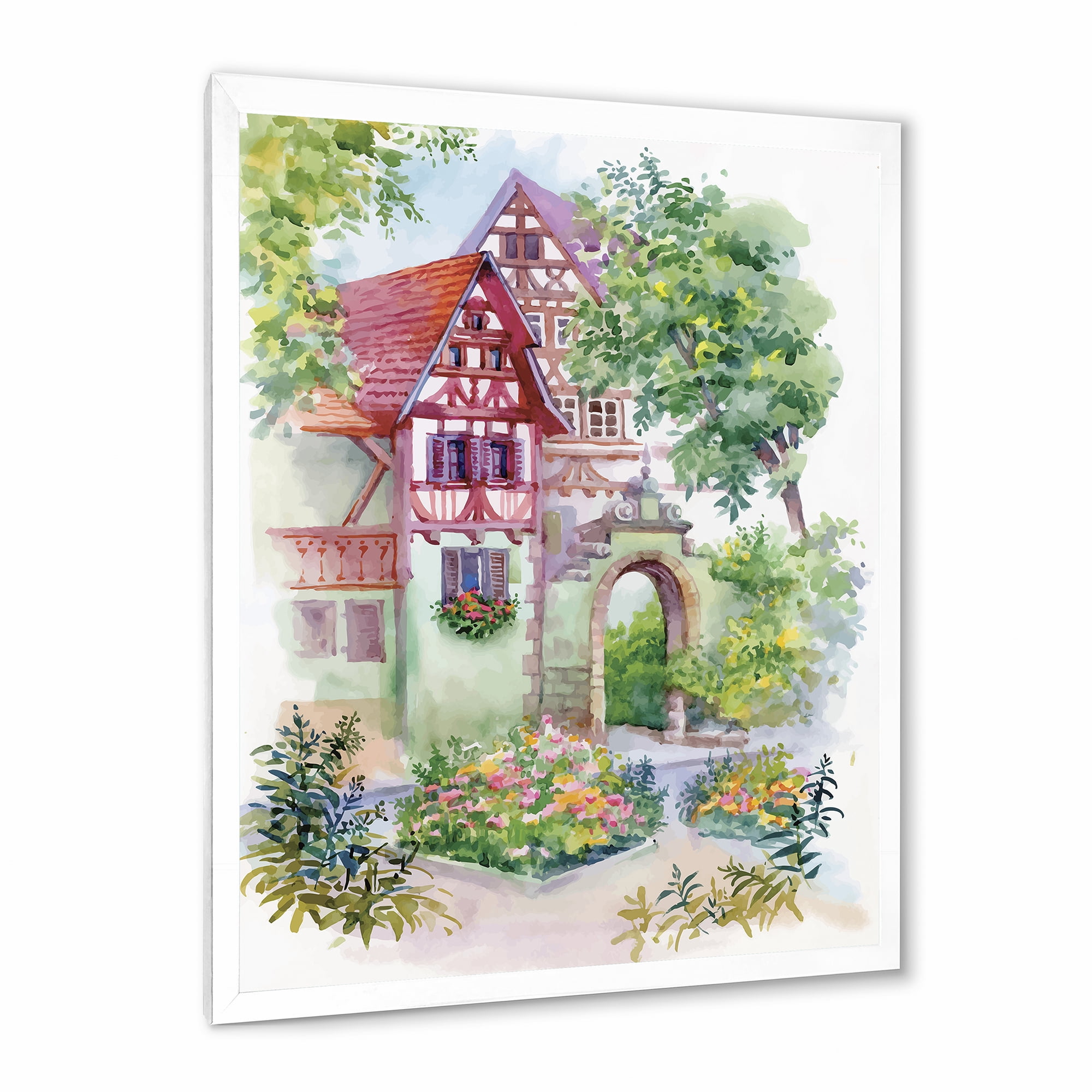 Designart 'Red Rustic House In The Country Side Landscape' Traditional Framed Art Print
