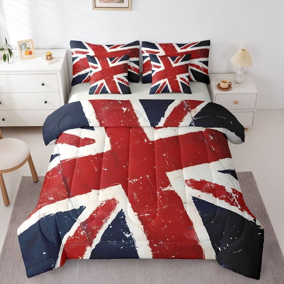 Manfei Vintage Union Jack 7-Piece Twin Bedding,Red White Navy Bedding Comforter Set,Light Gray Reversible