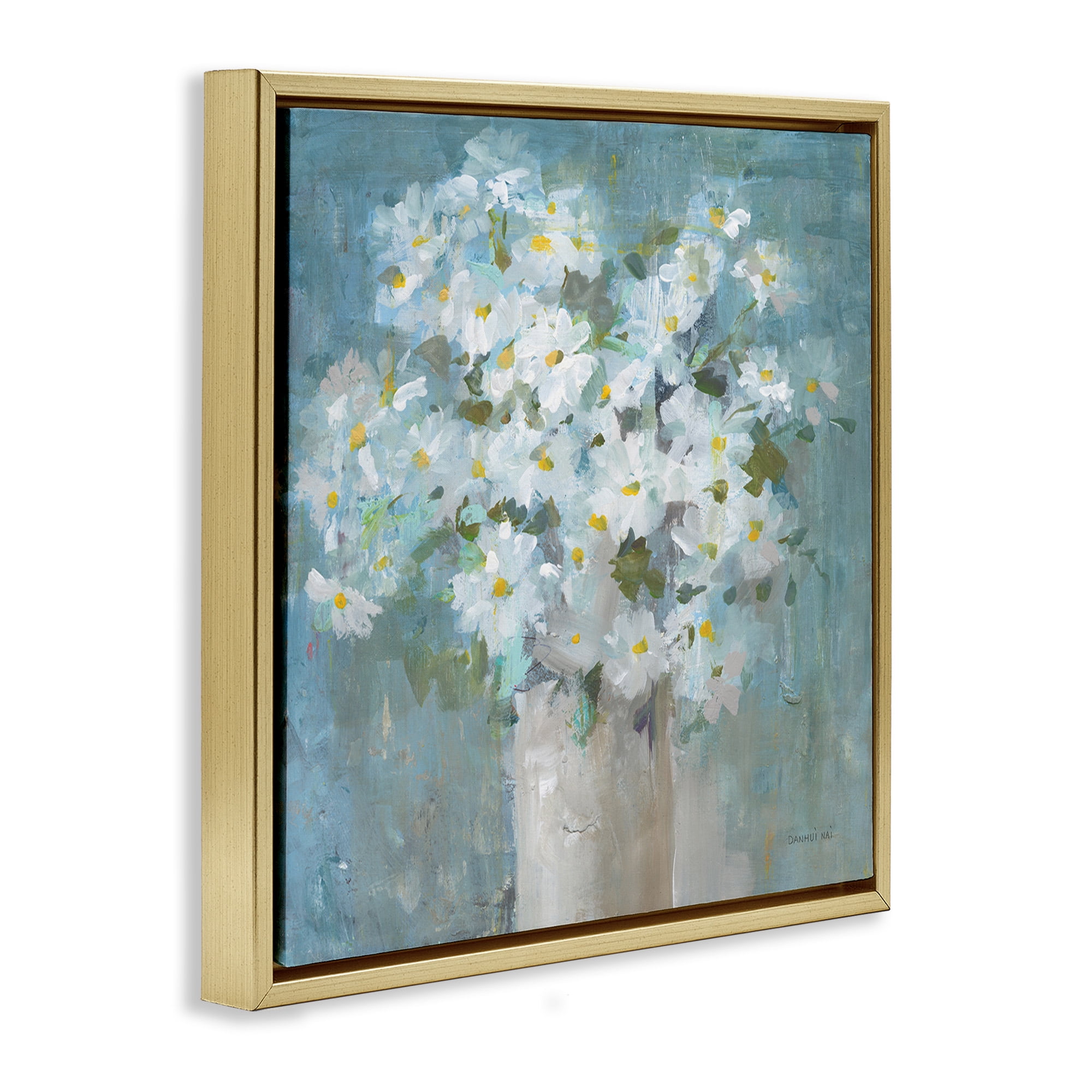 Stupell Industries White Daisy Blooms Abstract Flowers Botanical & Floral Painting Gold Floater Framed Canvas Art Print Wall Art, 18 x 18