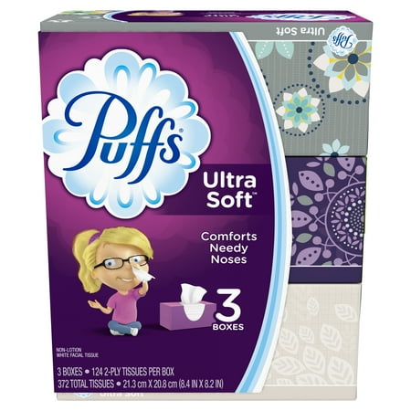 - Puffs Ultra Soft Facial Tissues, 3 Family Boxes, 124 Tissues per Box