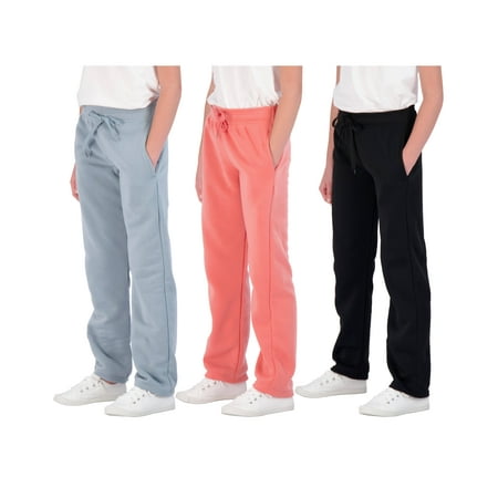 3 Pack: Girls' Fleece Open Bottom Soft Athletic Performance Casual Sweatpants(Ages 7-16)