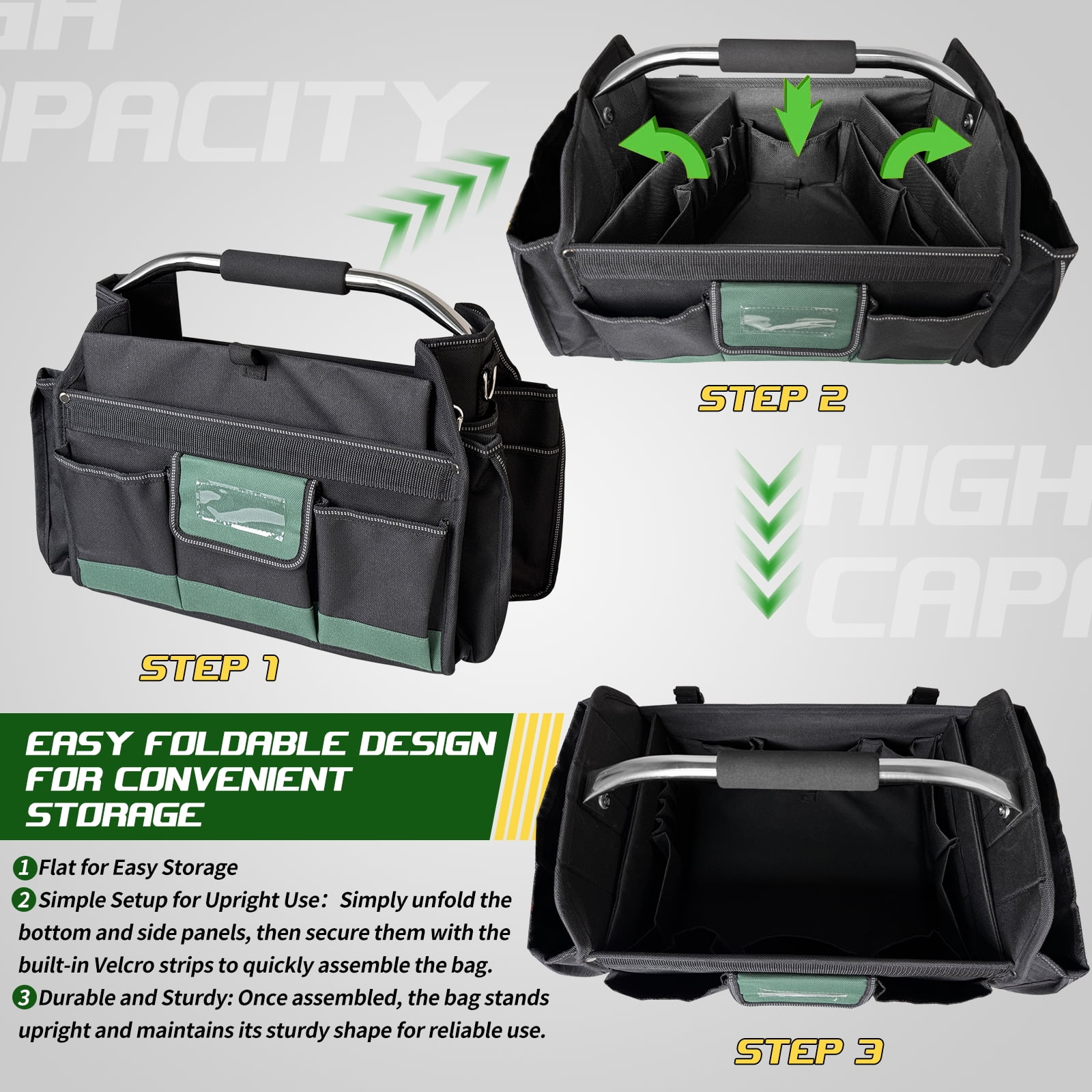 18" Heavy Duty Tool Bag, Open Top Tool Tote for Electricians, 30 Pockets, 1680D Oxford Fabric, Foldable with Rotating Handle, Reflective Tool Bag, Green