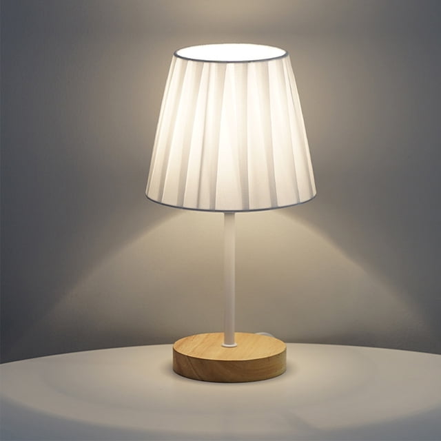 Lámpara De Noche Usb, Lámpara De Mesa Industrial, Interruptores De Botón Para Dormitorio, Sala De Estar, Base De Madera Maciza (Tela Plisada Blanca) Muyoka Hogar