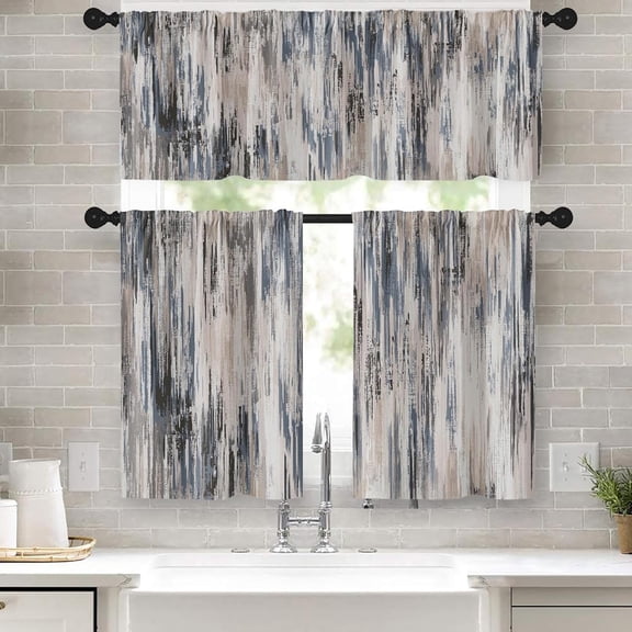 Grey Brown Kitchen Window Curtains Valance and Tier Set 36 Inch, Abstract Painting Vintage Rod Pocket Short Tier Curtain for Bathroom, Modern Small Cafe Drapes for Kitchen Decor
