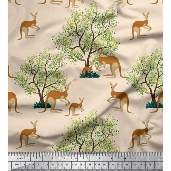 Soimoi Cotton Poplin Fabric Tree & Kangaroo Animal Print Sewing Fabric Yard 56 Inch Wide