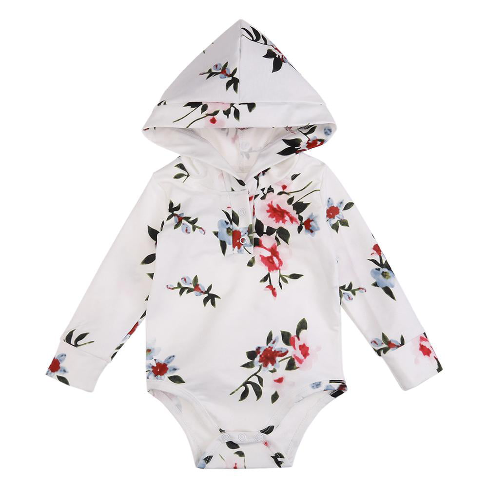 Autumn Long Sleeve Baby Hooded Rompers Sweet Cute Floral Print Jumpsuit 