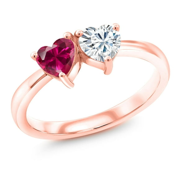 Gem Stone King 18K Rose Gold Plated Silver Fashion Right-Hand Ring Set with Heart Shape Red Created Ruby and Moissanite (1.10 Cttw, Size 8)