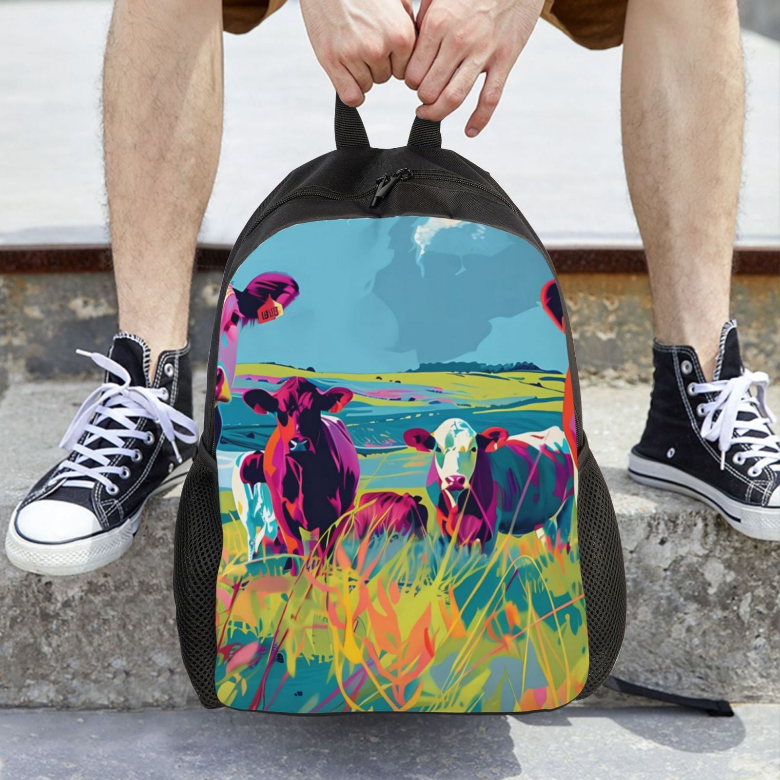 Xecao Pop Art Colorful Cows Print School Backpack with Laptop Compartment Small Travel Laptop Backpack for Women Men Waterproof College Backpack Simple School Bag