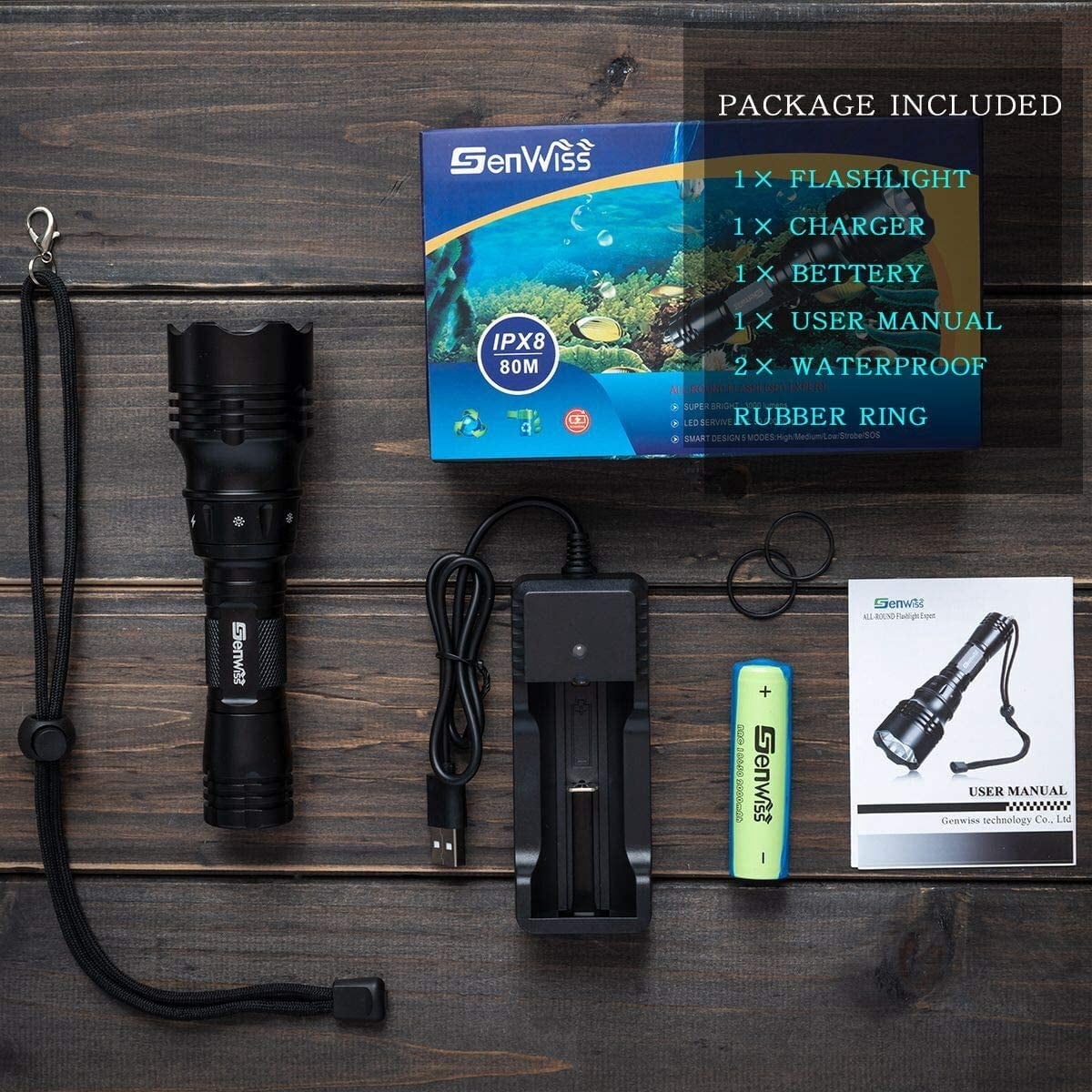 Genwiss Dive Lights Scuba Diving, 5 Modes Rechargeable Underwater Flashlight, 80M Waterproof Dive Flashlight Charger for Snorkeling