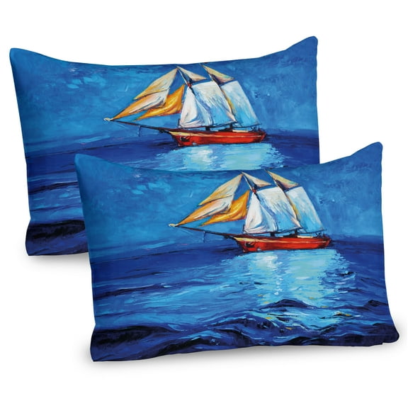 Ambesonne Nautical Pillow Sham 2 Pack, Sail Boat Art Picture, 36"x20", Navy Blue and Blue