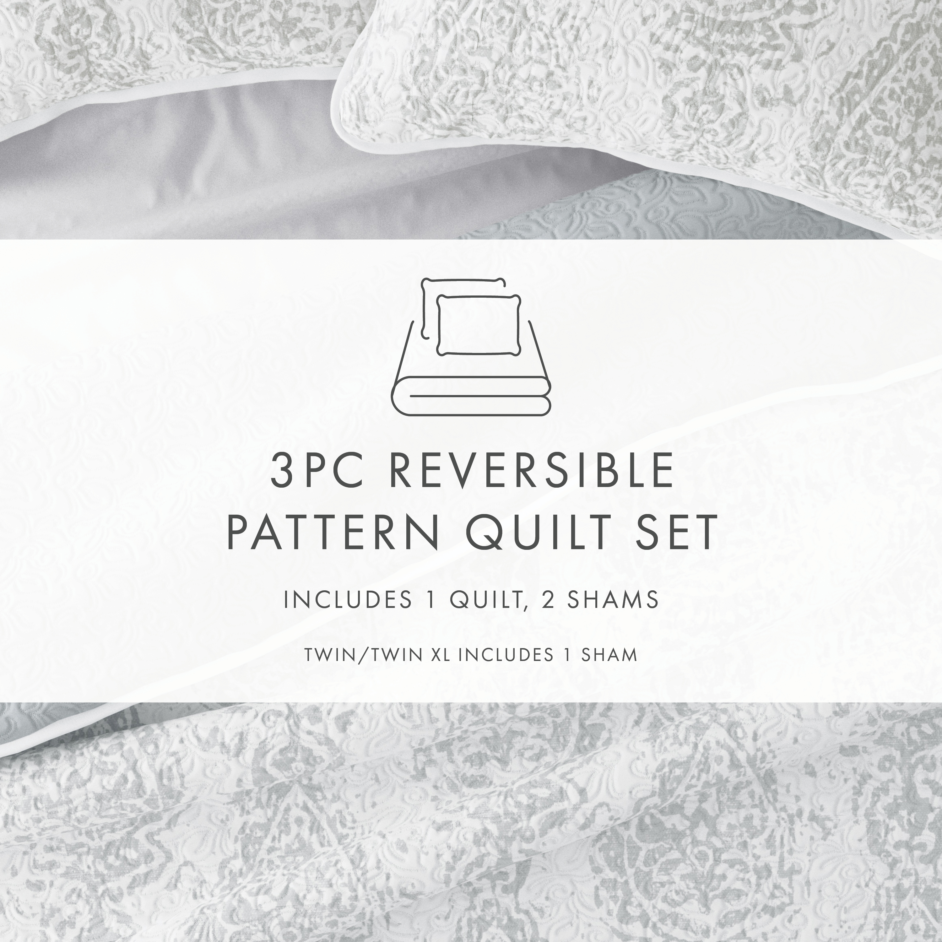 Noble Linens Light Gray 3 Piece Distressed Damask Reversible Print Quilt Set, Twin / Twin XL