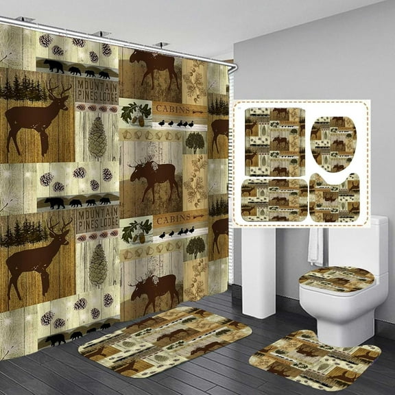 4PCS Cabin Shower Curtain Set, Country Western Texas Star Pine Tree Woodland Black Deer Elk Moose Wildlife Animal Hunting Rustic Farmhouse Bathroom Decor, Non-slip Bath Mat, Crescent Moon
