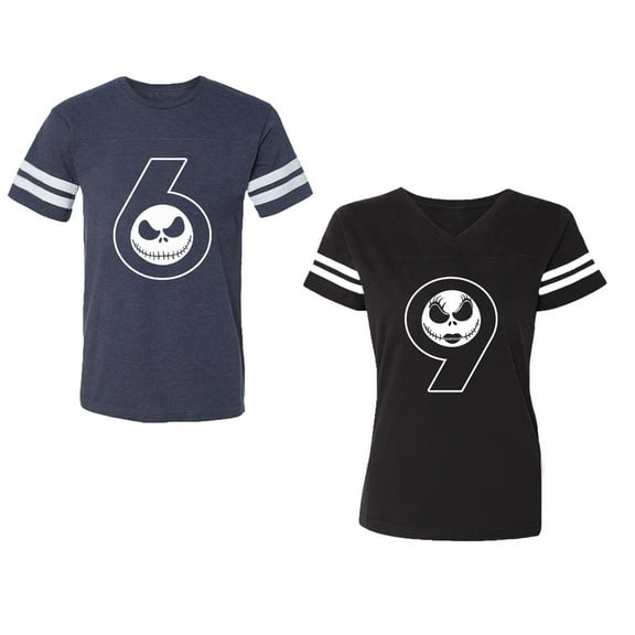 Halloween 69 Unisex Couple Matching Cotton Jersey style T-Shirt Contrasting stripes on sleeves (Men Navy / Women Black) (Men S / Women S)