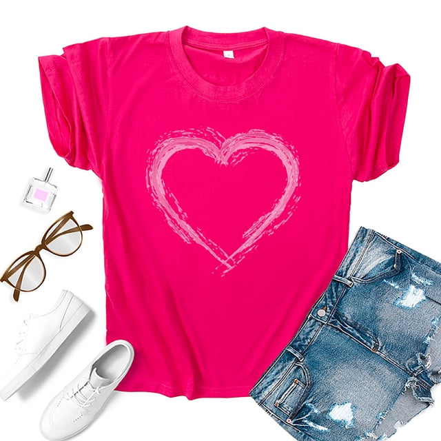 Meichang Mignons T-Shirts de la Saint-Valentin pour Femmes avec Cœur Graphique Manches Courtes Col Rond Cadeau de la Saint-Valentin T-Shirt Décontracté avec Cœurs