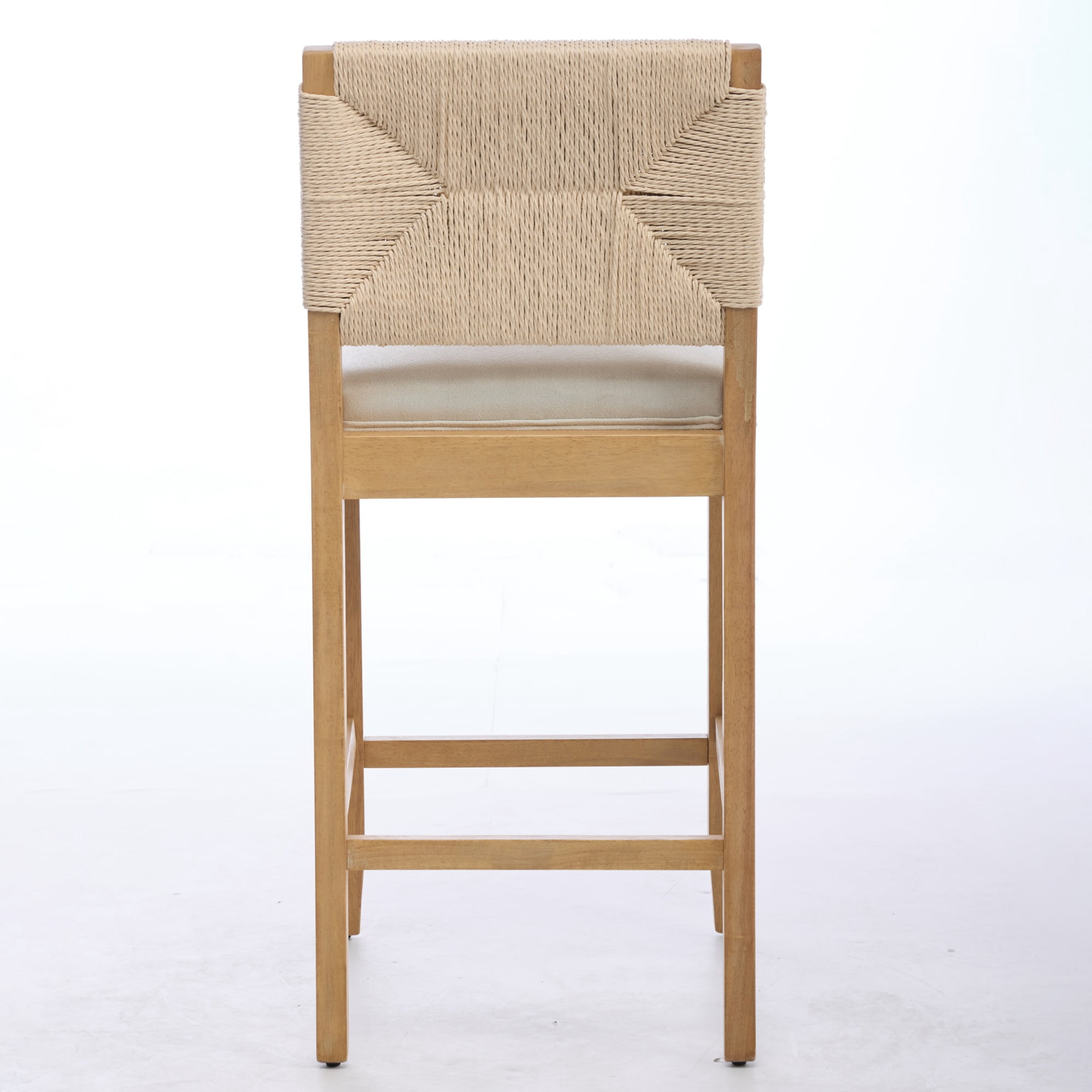 Garitin Bar Stool Set of 2 and Hand Woven Rattan Counter Stools, 27 Inch Seat Height with Linen Cushion for Kitchen Island, Beige