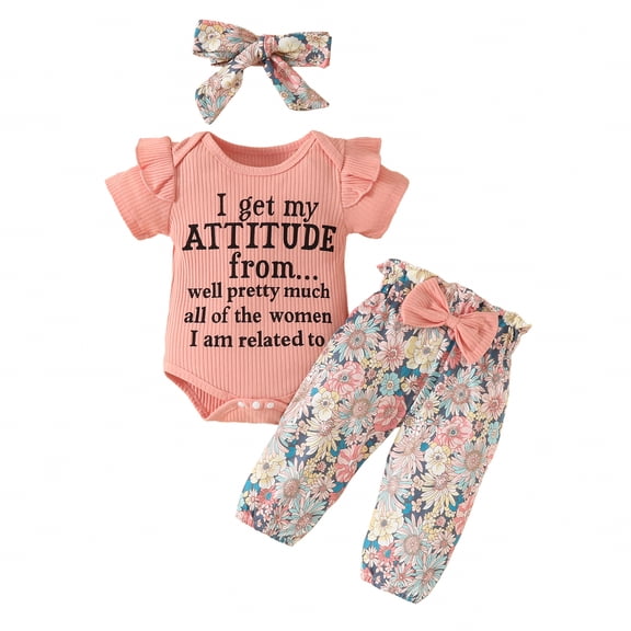 Aojekbee Baby Girls 3Pcs Summer Outfits Short Sleeve Romper Bow Pants Headband Set Infant Clothes