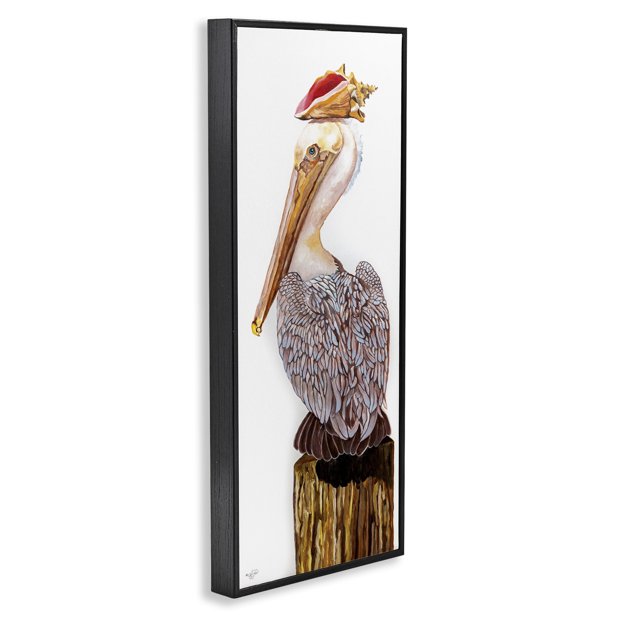 Stupell Industries Nautical Pelican with Sea Shell Animals & Insects Painting Black Framed Art Print Wall Art, 10 x 24