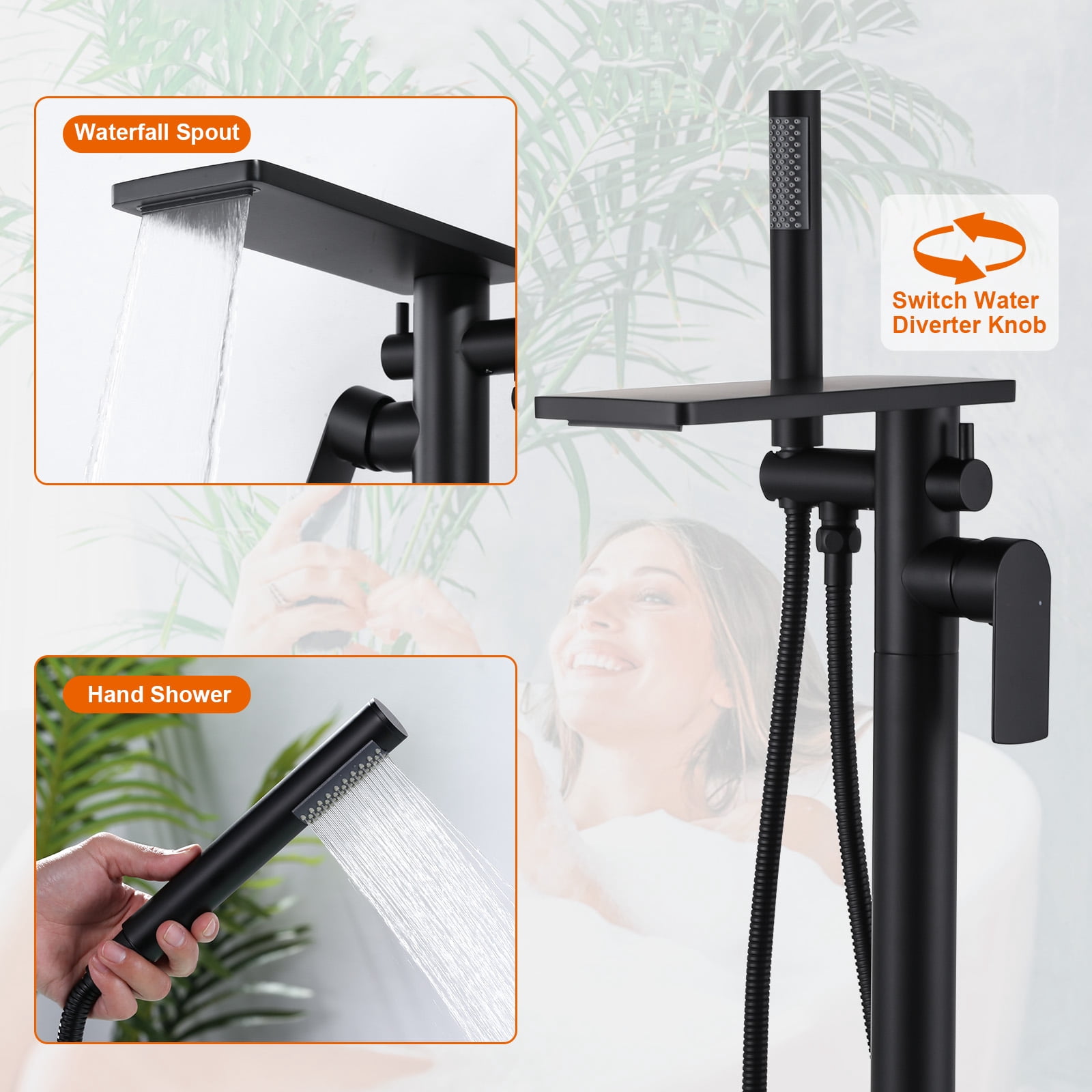 Wowow Brass Freestanding Bathtub Faucet Single-Handle Floor Mount Claw Foot Tub Faucet with Hand Shower in Matte Black