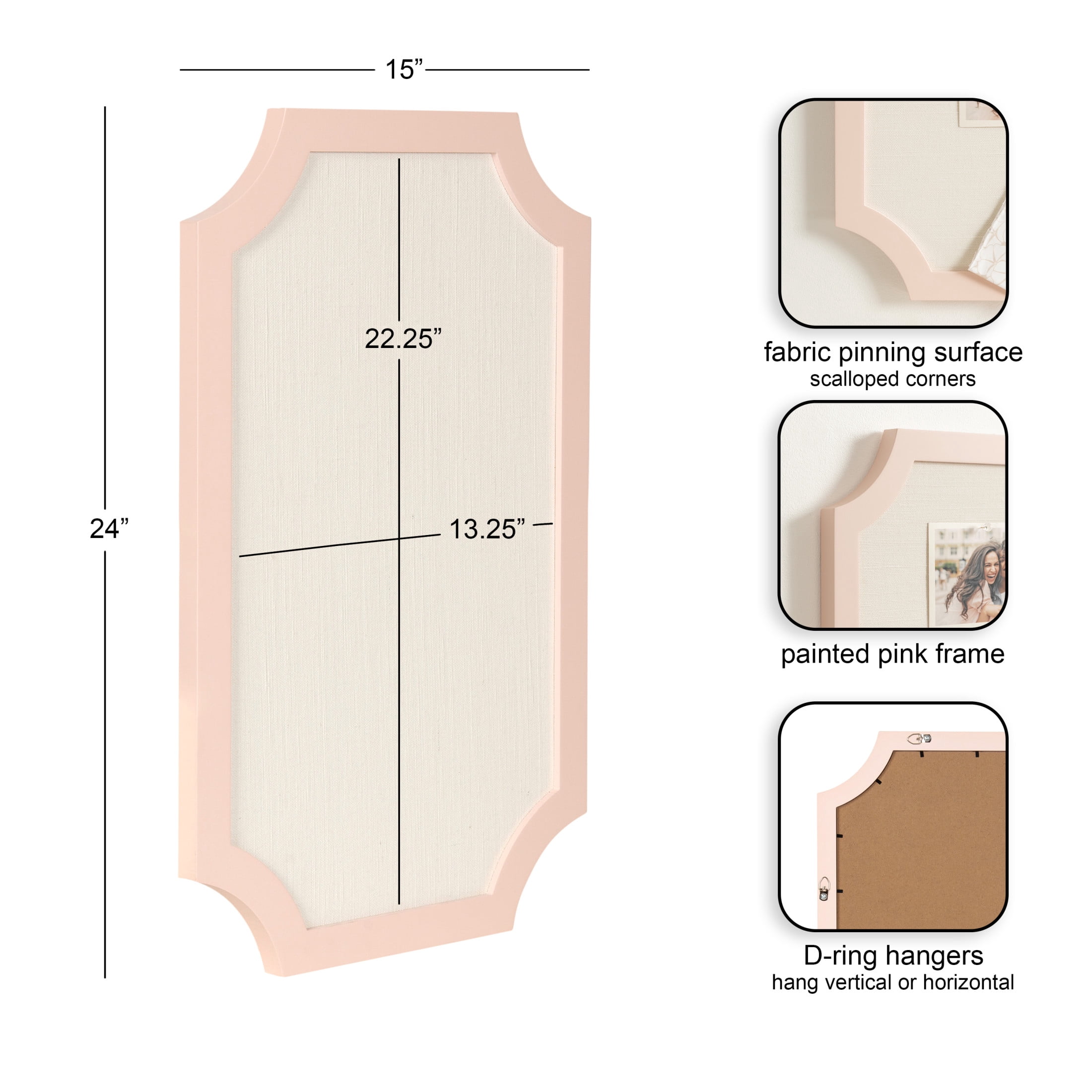 Kate and Laurel Holbrook Glam Framed Scallop Fabric Pinboard, 15 x 24, Pink, Decorative Modern Scalloped Bulletin Board for Use as Vision Board or Wall Organization