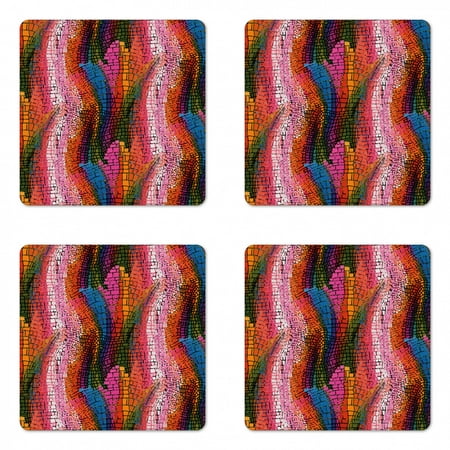 

Modern Coaster Set of 4 Abstract Rainbow Vivid Colorful Ombre Mosaic Geometrical Wavy Design Print Square Hardboard Gloss Coasters Standard Size Multicolor by Ambesonne