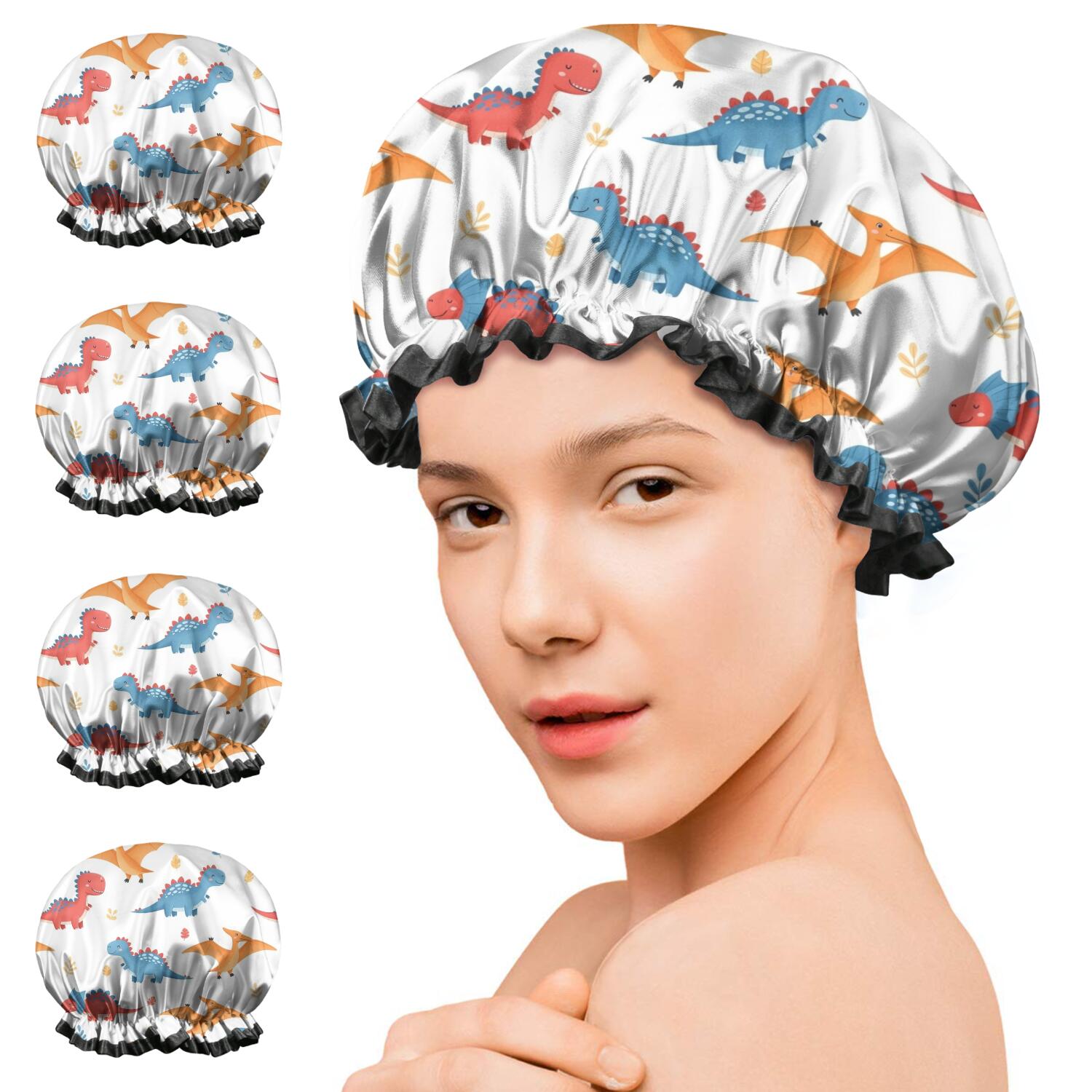 Shower Caps,White Cartoon Dinosaurs Pterosaurs Pattern Waterproof Shower Cap for Women 4 Pieces,Double Reusable Hair Cover for Shower PEVA Elastic Stretch Hem