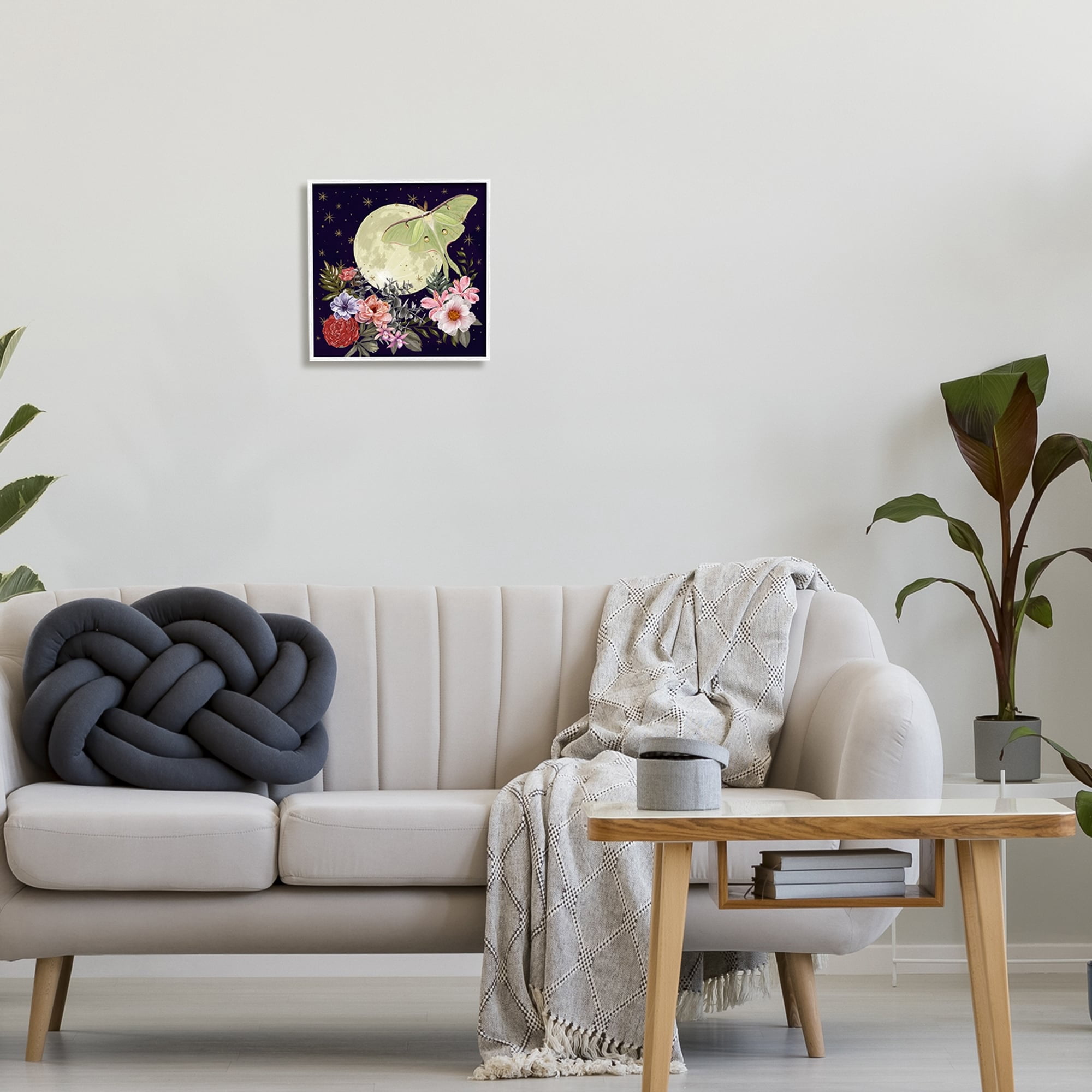 Stupell Industries Calming Nighttime Luna Moth Flying Moon Flowers Graphic Art White Framed Art Print Wall Art, Design by Raquel Maciel