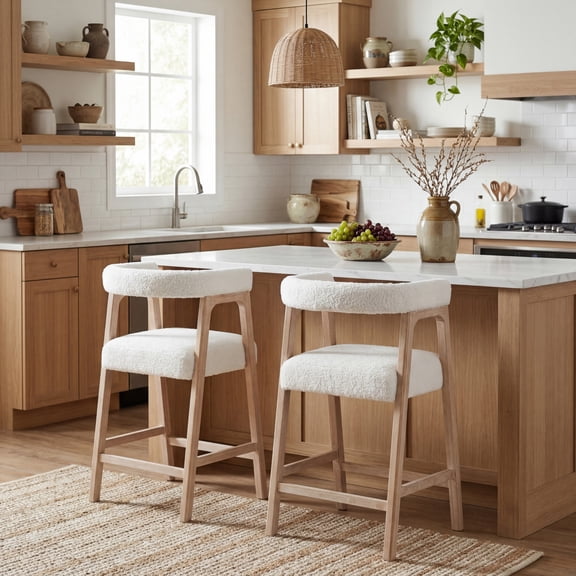 Christopher Knight Home 26" Seat Height Bar Stools with Upholstered Back for Kitchen Island, Natural, Set of 2