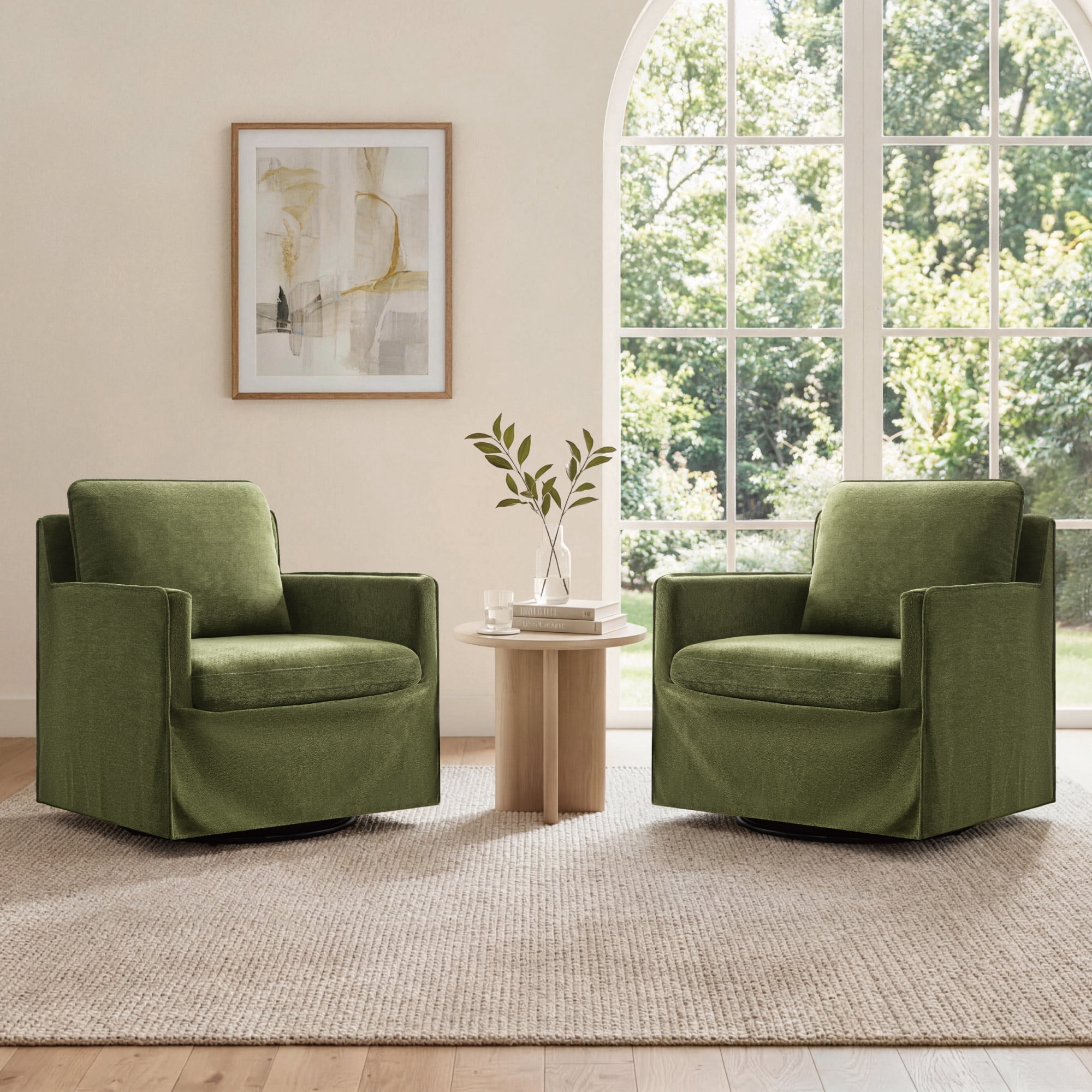 Spruce & Spring Upholstered Swivel Glider Accent Chair for Living Room, Nursery and Bedroom, Reversible Cushions, Track Arms, Modern Lounge Chair, Green