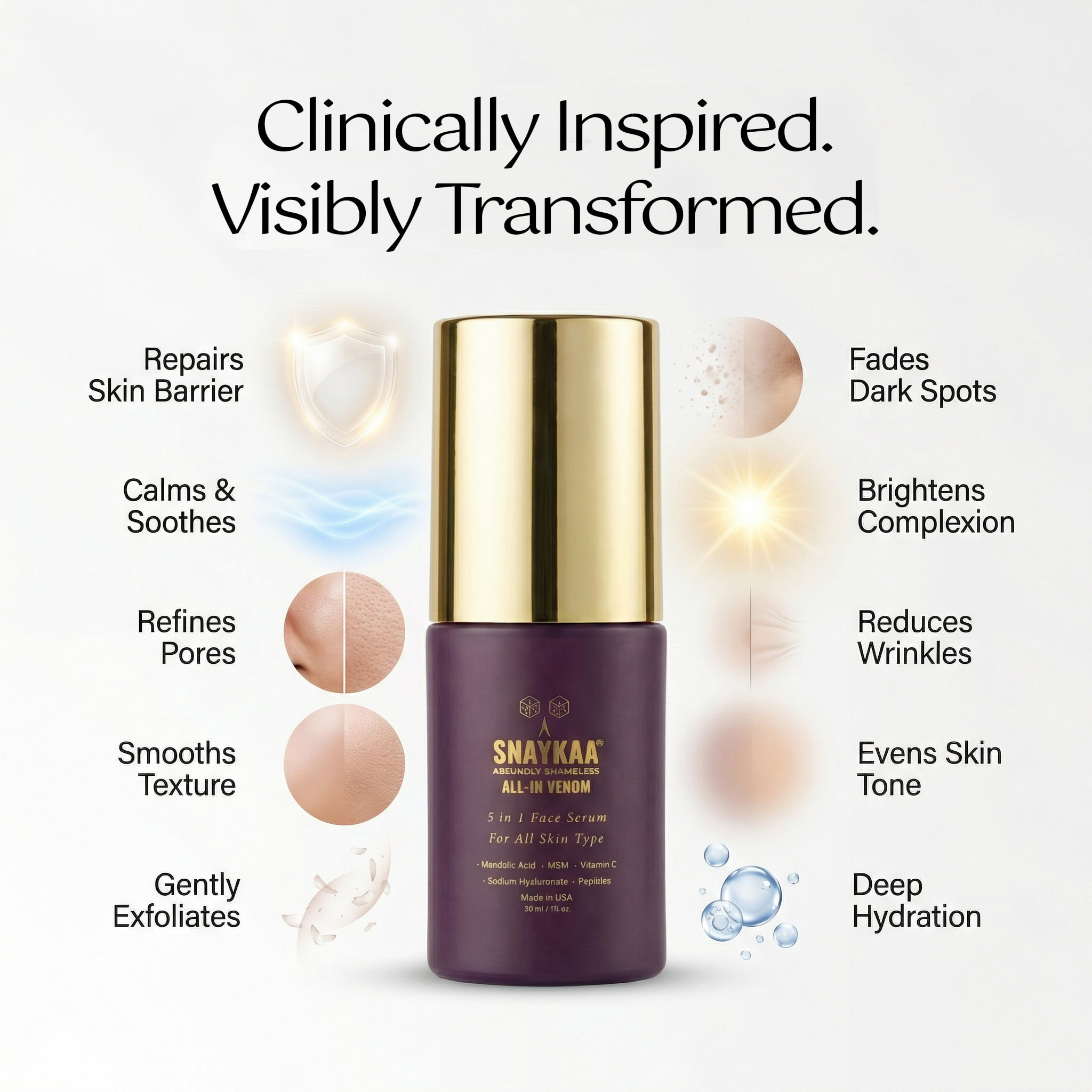 Snaykaa Brightening Face Serum – Dark Spots & Anti-Aging | Niacinamide, Vitamin C, Hyaluronic Acid & Peptides – Lightweight, Vegan, Made in USA – 30ml