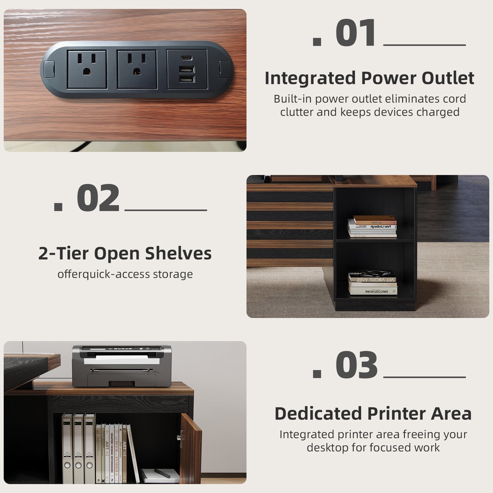 L-Shaped Executive Desk with Drawers, 78-Inch Large Office Desk with Power Outlet and Lateral File Cabinet, Modern Computer Table with Open Shelf and Storage Cabinet for Home, Brown Black