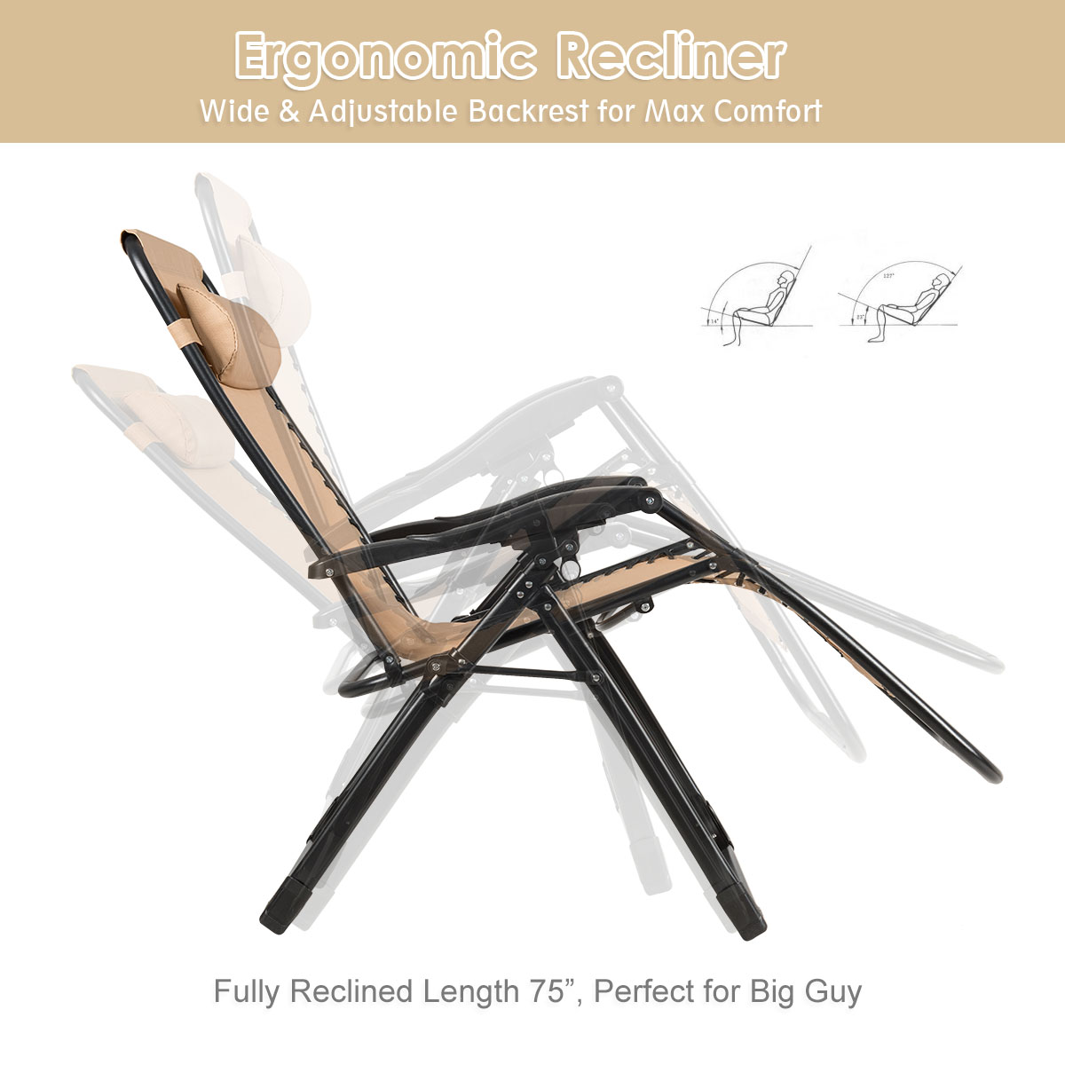 Costway Zero Gravity Chair Oversize Lounge Chair Patio Heavy Duty Folding Recliner Beige - image 4 of 8