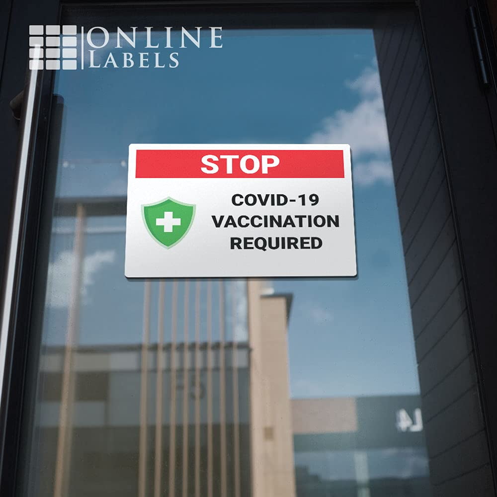 Stop Vaccination Required Window Sticker - Pack of 10 Decals - Red and White Design - 10 x 7 Inch Rectangle - Indoor Only - Removable Adhesive Vinyl - Online Labels
