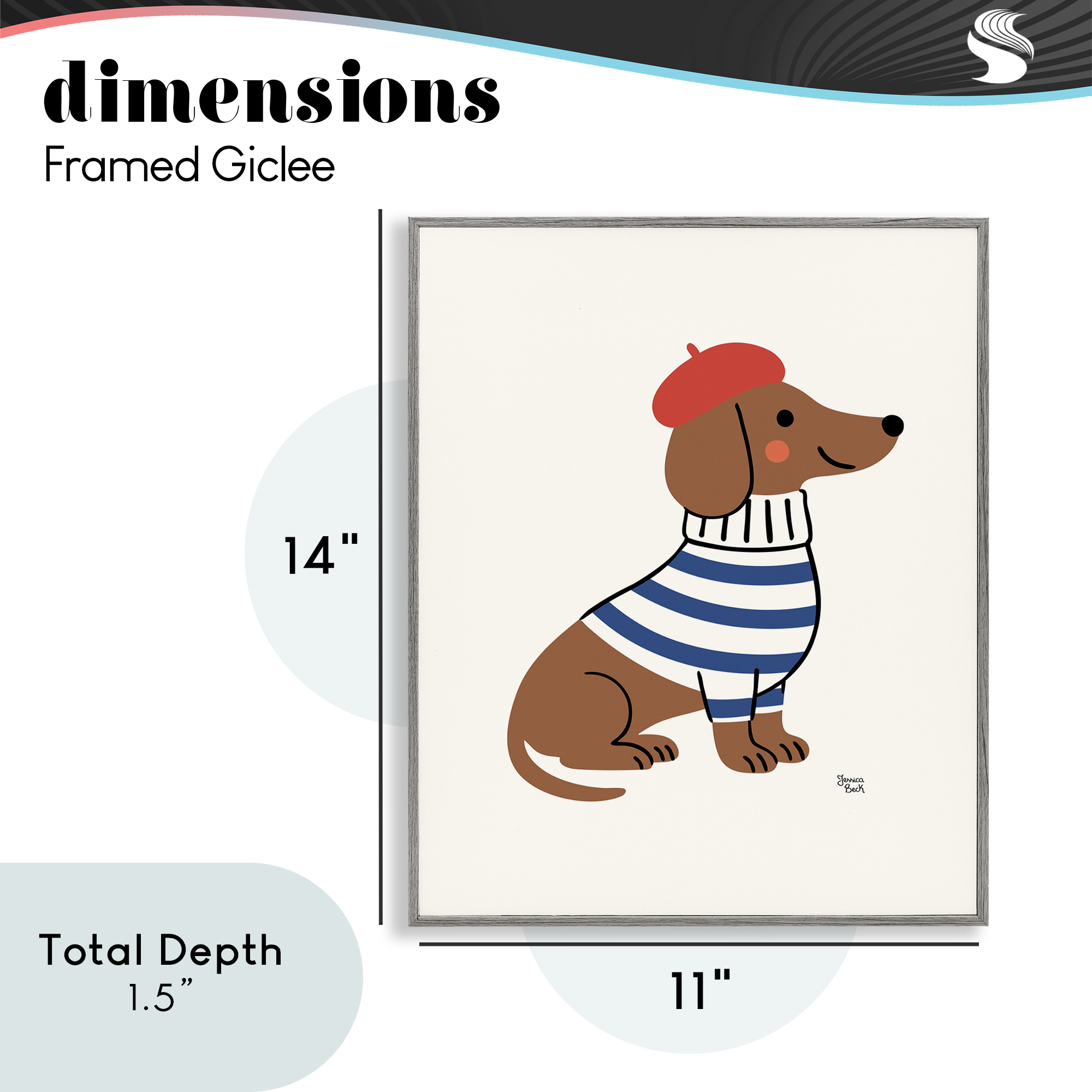 French Dachshund in Beret Gray Framed Giclee Art, design by Jessica Beck