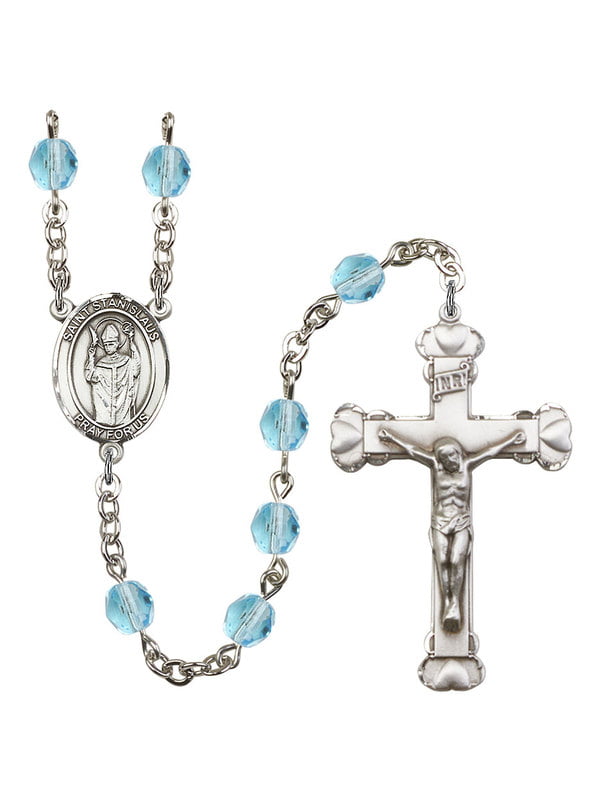 St and 1 5/8 x 1 inch Crucifix Gift Boxed Stanislaus Center Stanislaus Rosary with 6mm Emerald Color Fire Polished Beads Silver Finish St 