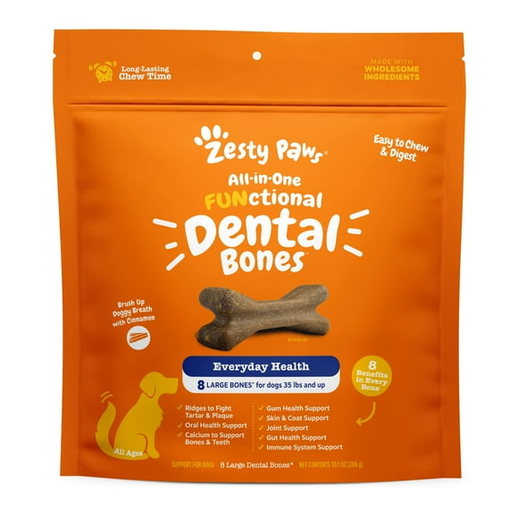 Zesty Paws Dental Bones for Large Dogs - Fights Tartar Plaque - gum, Teeth Bone Health - cinnamon for Dog Breath - Immune, Joint, gut, Skin coat Support - Omega 3 EPA DHA and calcium - 8 ctA