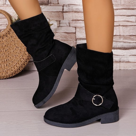 JUSLIO Boots for Women,Chunky Heel Boots Fashion Casual Platform Comfort Solid Color Mid Calf Boots