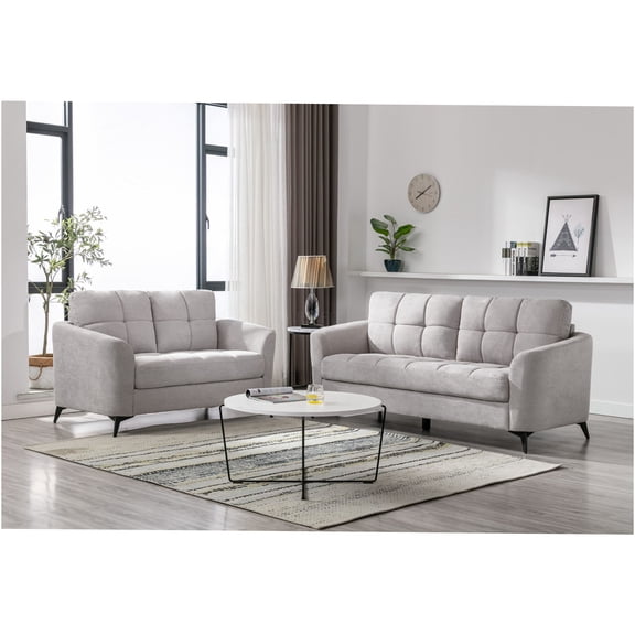 JERFIT Carlotta 2-Piece Light Gray Fabric Sofa and Loveseat Set with Tufted Back and Black Metal Legs for Living Room